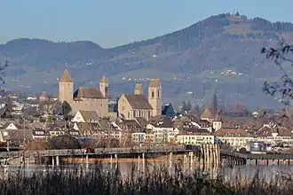 Der bewaldete Allmen und der Bachtel (mit Antenne) von Rapperswil aus gesehen.