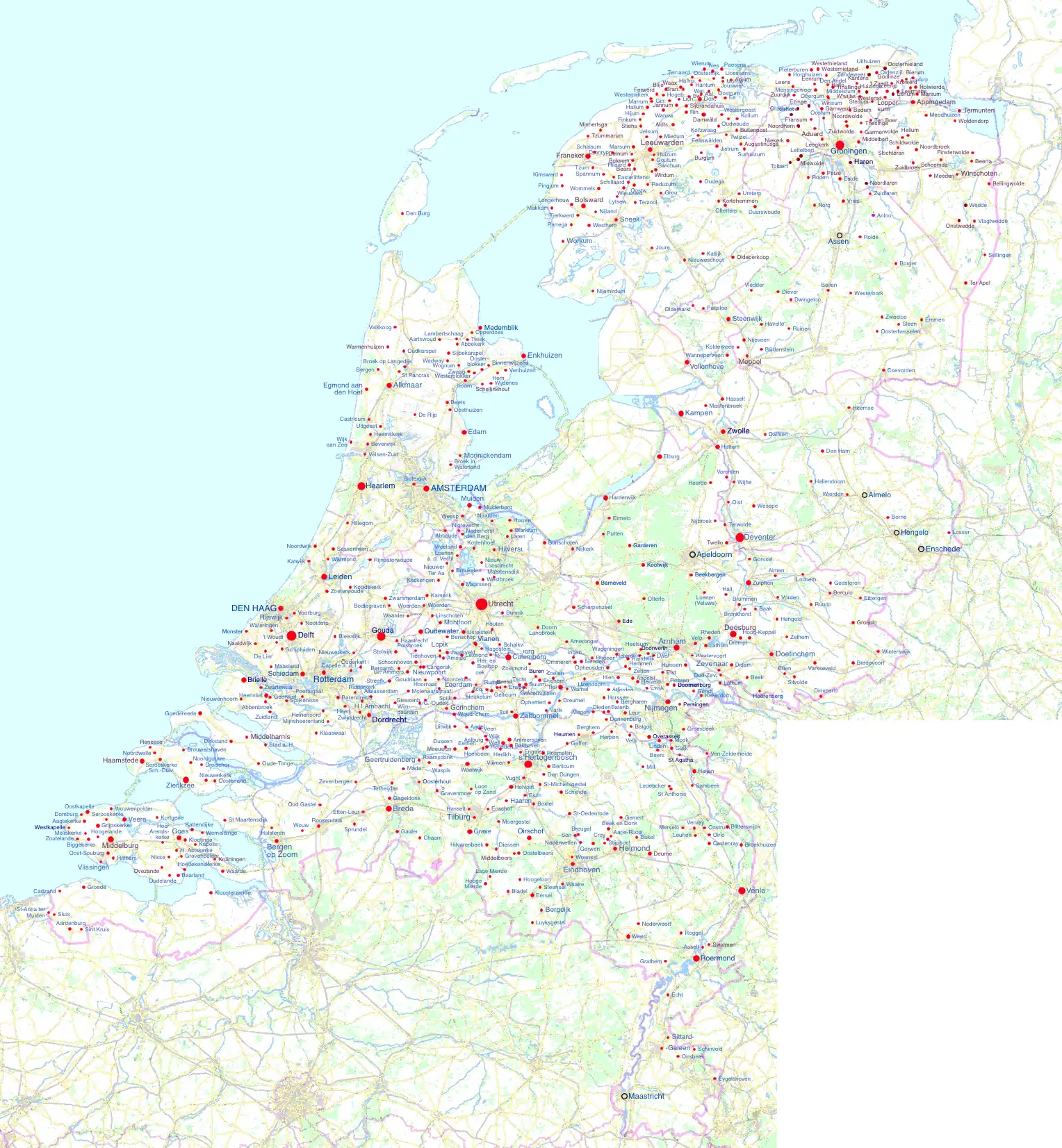 Karte sämtlicher Orte in den Niederlanden mit Backsteingotik. Die Größe der Ortspunkte gibt die Anzahl der Bauwerke wider.