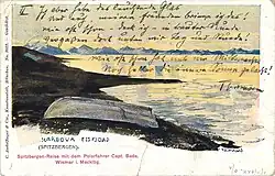 Von Hans Beat Wieland entworfene Postkarte von der Fahrt Axel Bades mit der SS Oihonna 1903 (Zusatzfrankatur mit „POLAR-POST“-Marke, Stempel: Hammerfest 21.VII.1903)