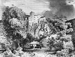 Pferdestraßenbahn Linie Rauhenstein, zeitgenössischer Stich (um 1880).[54]