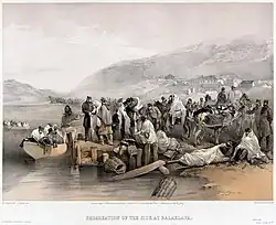 Abtransport in Balaklawa per Boot/Schiff, Lithografie von William Simpson (24. April, 1855)