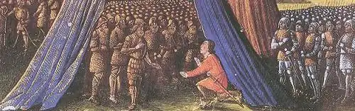 Balian von Ibelin übergibt Jerusalem an Saladin, aus Les Passages faits Outremer par les Français contre les Turcs et autres Sarrasins et Maures outremarins, um 1490