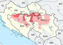 Hauptschadensgebiete in Bosnien-Herzegowina und Serbien ﻿… schwer betroffen ﻿… minder schwer betroffen (Katastrophenalarm in Bosnien)[19][Ü 3]