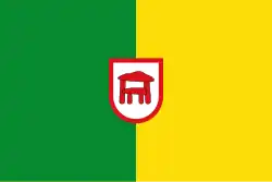 Flagge von Gorafe zeigt einen typischen Dolmen mit niedrigerem, vorgesetzten Zugang