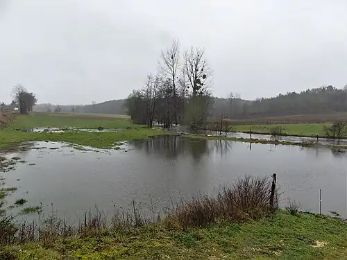 Winterhochwasser am Bandiat bei La Renardière. Dahinter die beginnende Grabenschulter von Lussas-et-Nontronneau