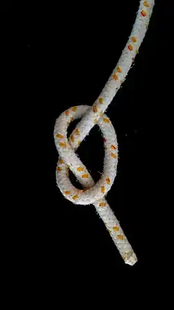 Man betrachte die Stelle, an der eine Part in der Mitte des Überhandknotens über die andere geht. Die Part zeigt den Buchstaben S, der Knoten ist linksgängig und wird auch als links geknoteter Überhandknoten bezeichnet.