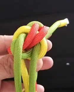 Das grüne Kardeel wird über das grüne Kardeel, um das rote Kardeel und durch die gelbe Schlaufe gelegt