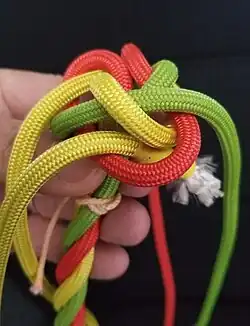 Will man die Führung unten haben, damit die Kardeele nicht enger zur Mitte des Knotens heraus kommen, so legt man die zweite Führung (hier gelb) unter die erste Führung (gelb), um das grüne Kardeel und durch die rote Schlaufe hindurch