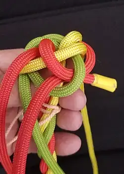 Das rote Kardeel wird unter das rote Kardeel, um das gelbe Kardeel und durch die grüne Schlaufe gelegt