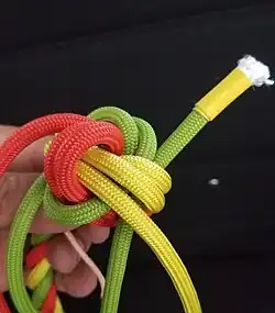 Das grüne Kardeel wird weitergehend unter das grüne Kardeel, um das rote Kardeel und durch die gelbe Schlaufe gelegt