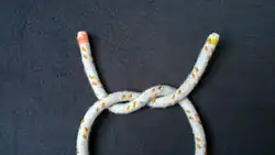 Dann steckt man dieses über dem anderen Seil liegende Seil nach rechts unten durch. Dies wird auch als Halber Knoten links[3] bezeichnet. Man kann diesen Knoten auch von der Rückseite legen, aber dann müsste man ihn allerdings rechts über links legen, um den gleichen Knoten mit derselben Windung zu erhalten.