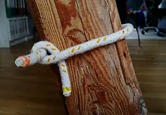 Törn um einen Holzbalken und einen „Halben Schlag“[8] um das stehende Ende.