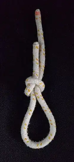 Bei der Einfachen Schlinge bildet man mit dem festen Ende eine Bucht, in diesem Fall die Schlinge, bevor sie wieder eingesteckt wird.[6]