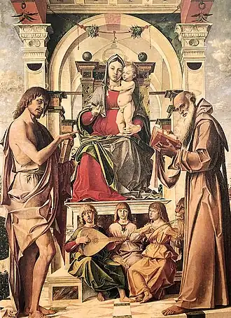 Bartolomeo Montagna, Madonna mit Kind auf dem Thron mit St. Johannes dem Täufer und St. Hieronymus, ca. 1490.