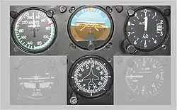 Das „Basic-T“ bestehend aus den Fluginstrumenten: Künstlicher Horizont, Höhenmesser, Fahrtmesser und Kurskreisel.
