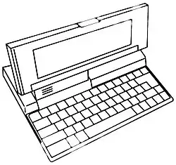 Aufklappbare Bauform des Amstrad NC200 mit Diskettenlaufwerk auf der Seite