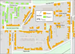 Lageplan der Zollvereinsiedlung, die Bauphasen sind farbig hervorgehoben