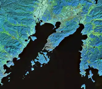 Peter-der-Große-Bucht mit Murawjow-Amurski-Halbinsel, Landsat-7-Satellitenbild