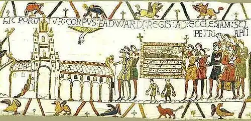 Beisetzung Edwards des Bekenners in seiner Westminster Abbey 1065, dargestellt im Teppich von Bayeux