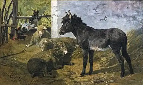 Giuseppe Palizzi, Interieur eines Schafstalls.