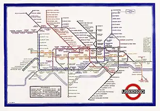 Erste im Fahrgasteinsatz verwendete Version der schematischen Tube map von Harry Beck (1933); bis heute Grundlage des Netzplans der Underground