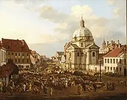 Teil des Palais (hinter der Kirche) auf einem Gemälde von Bernardo Bellotto