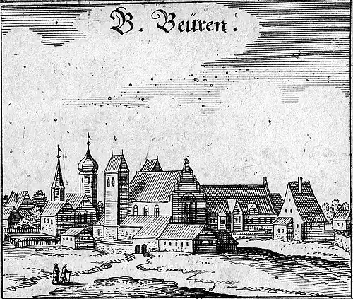 Vor der barocken Umgestaltung (Matthäus Merian † 19. Juni 1650, Ort mit 4 Kirchtürmen)