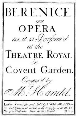 Georg Friedrich Händel – Berenice – Titelblatt der Partitur – London 1737
