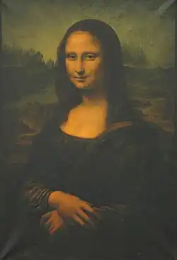Nachbildung von Mona Lisa in einem dunklen Ölgemälde, da die Farben verblassen. Der Hintergrund ist wegen des dunkelgrünen Haupttons kaum zu erkennen. Auch ihre Haut wirkt durch den Braunstich zurückhaltend.