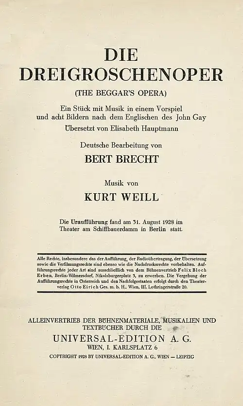 Bertolt Brecht – Die Dreigroschenoper (The Beggar's Opera), Wien, Universal-Edition, (1928)