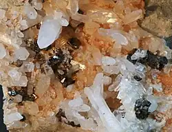 Feine weiße Bertranditkristalle (Dicke ca. 1&nbsp;mm) mit braunem Kassiterit und Quarz (Mitte links) vom Mount Bischoff, Tasmanien, Australien