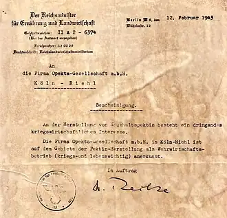 Bescheinigung über die Kriegswichtigkeit der Opekta (1943)