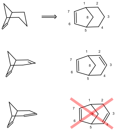 Bicyclo[3.2.1]oct-6-en und Bicyclo[3.2.1]octa-2,6-dien. Die durchgestrichene Formel soll eine falsche Bezifferung erläutern