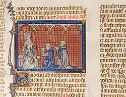 Buchmalerei von Meister Honoré aus einem Manuskript des Dekrets von Gratian, die einen Bischof auf einem Thron sitzend mit Mitra und Stab vor zwei knienden Klerikern zeigt, ca. 1290, Metropolitan Museum of Art.