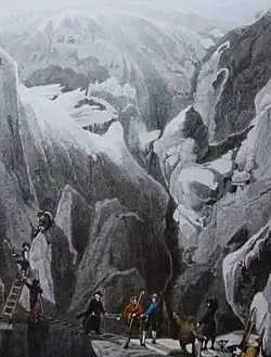 Placidus a Spescha beim Überqueren des Rheinwaldgletschers