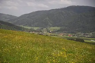Troiseck von Westen, am Fuß des Berges die Marktgemeinde Turnau