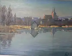 Blick vom Gehronsee auf Gransee und die Marienkirche (etwa 1955, Aquarell)