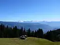 Blick vom Vigiljoch zum Tschögglberg und zu den Dolomiten (Schlern, Rosengarten, Latemar)