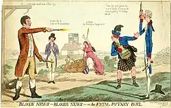 Karikatur des Duells: Links steht Tierney mit wütendem Blick, er hat in jeder Hand eine Pistole, die Pistole rechter Hand feuert er ab. Links steht lächelnd Pitt der Jüngere, er hat ebenfalls eine Pistole in jeder Hand. Im Hintergrund Britannia und der britische Löwe, Britannia schreit entsetzt, der Löwe rollt sich auf den Rücken