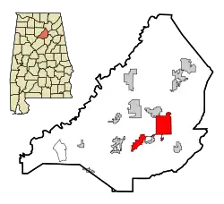 Lage der Stadt im County und in Alabama