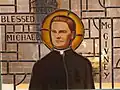 A stained glass window of Blessed Michael McGivney, founder of the Knights of Columbus, at the Parish of St. Catherine of Siena in Trumbull, Connecticut.