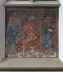 Verkündigungsfresko, Wandgemälde in der Wallfahrtskirche Zur schmerzhaften Mutter Gottes (Bödingen), ca. 1500