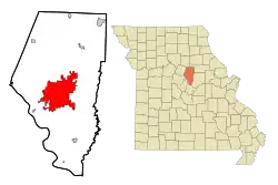 Lage von Columbia im Boone County (links) und in Missouri (rechts)