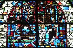 Szenen aus der Legende der heiligen Cäcilia, Weber am Webstuhl (links unten)