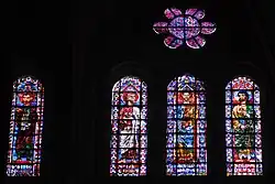 Fenster 208 links: Apostel Simon; Fenster 210 rechts: Apostel Jakobus der Jüngere, Barnabas, Judas Thaddäus