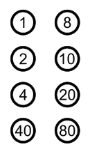Die Grafik zeigt acht Braille-Punkte als Kreise, in die die Hexadezimalwerte der Punktnummern 1 bis 8 (1, 2, 4, 8, 10, 20, 40 und 80) eingetragen sind.