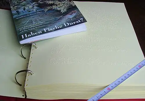 In einem aufgeschlagenen Ringordner ein etwa zwei Finger dicker Packen mit Brailleschrift bedrucktes Papier. Über die rechte untere Ecke wurde zum Größenvergleich ein Zentimetermaß gelegt; das Papier hat etwa DIN-A4-Größe. Auf der oberen Hälfte des Papiers liegt ein schmales Taschenbuch von etwa halber Größe (DIN A5) mit dem Titel „Haben Fische Durst?“