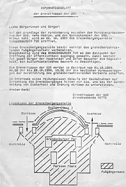 Informationsblatt der Grenztruppen der DDR zur Öffnung des Brandenburger Tors