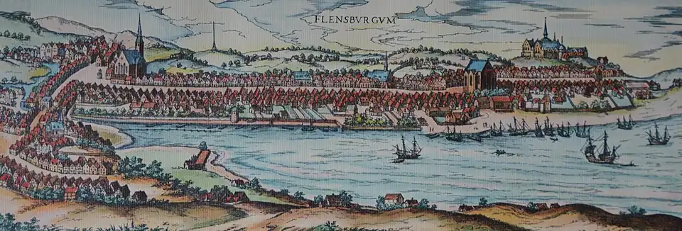 Die Stadtansicht von Georg Braun und Franz Hogenberg, in der auch die Norderpforte abgebildet ist.