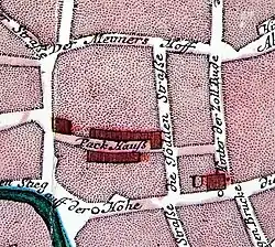Ausschnitt aus dem Stadtplan von A.H.C. Conradi um 1755: Im Zentrum das Pack Hauß, nördlich davon der Der Meimers Hoff, in diesen einmündend die Jödden Straße.